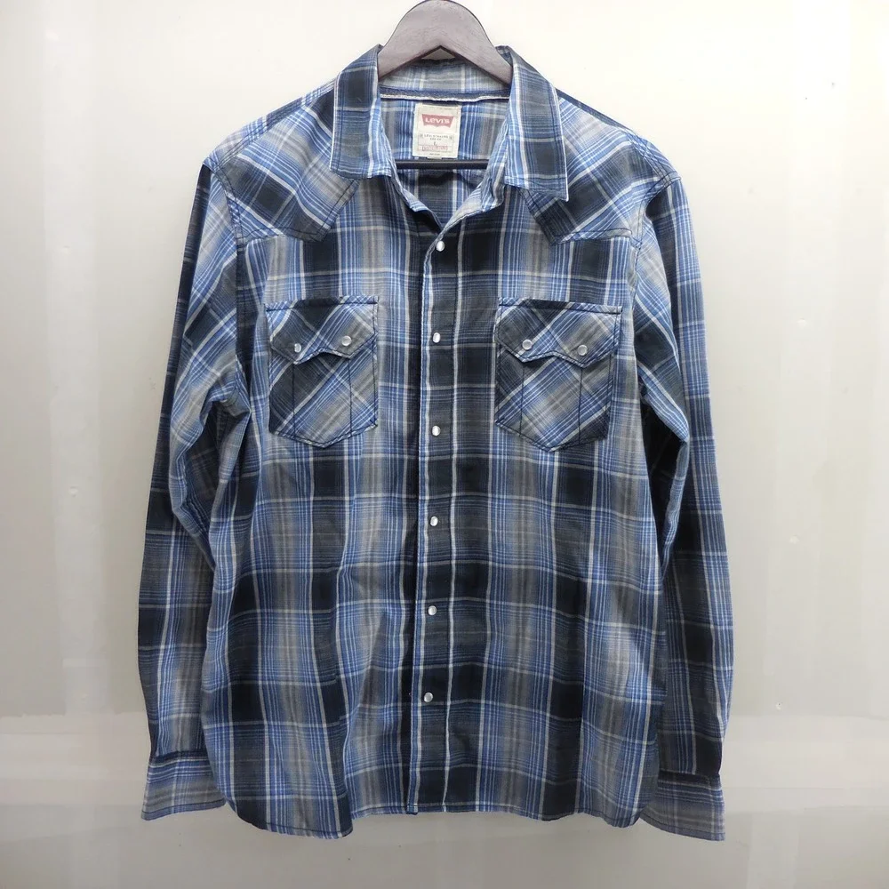 Levis Mens Blue Grey Plaid Modern Western Pearl Snap Long Sleeve Shirt Large